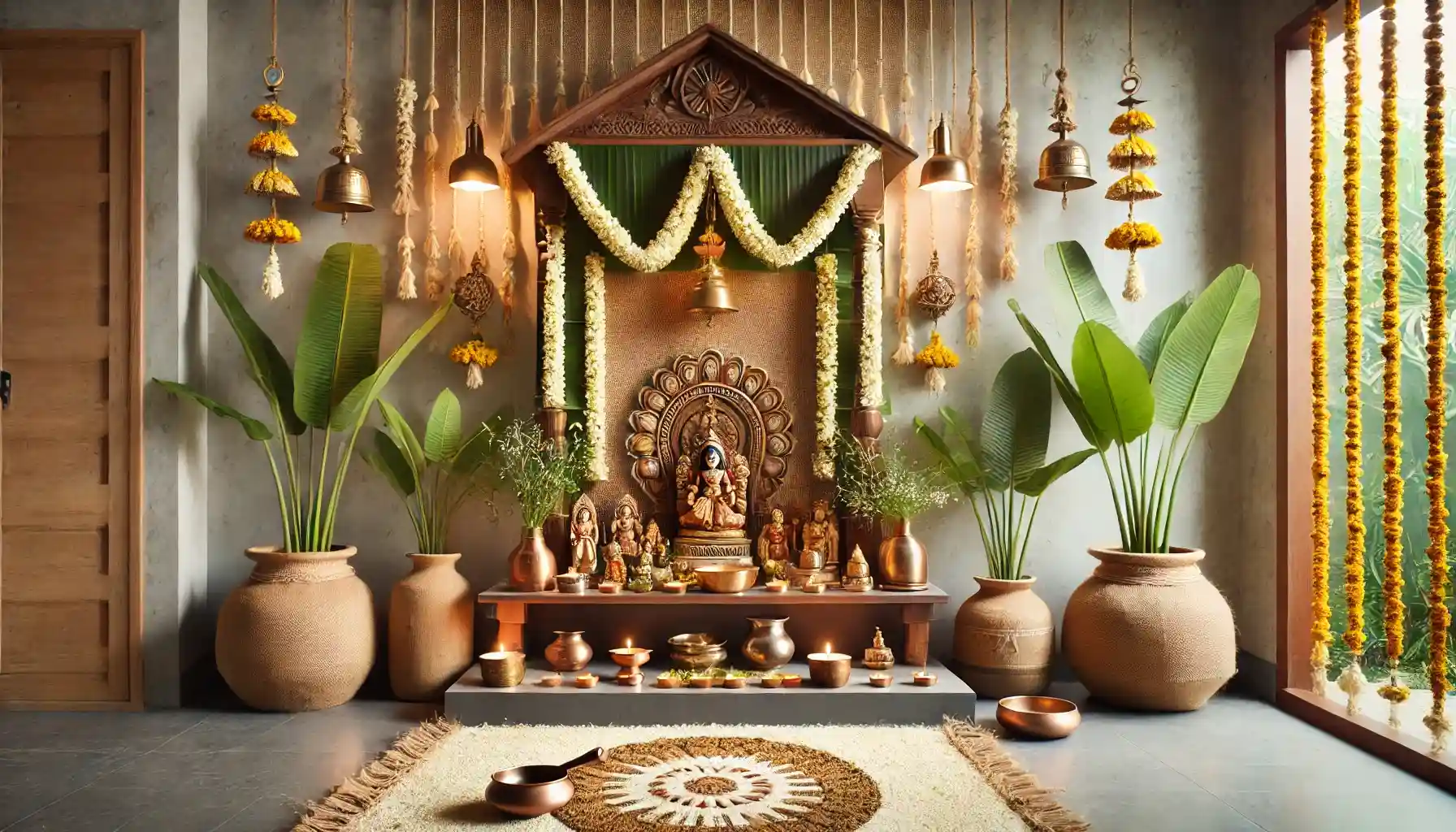 Eco-friendly pooja room adorned with natural elements like banana leaves, terracotta decor, fresh flower garlands, and traditional brass vessels, creating a serene and sustainable spiritual space