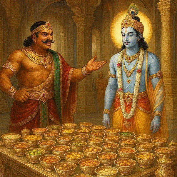 Duryodhan in royal attire, in the majestic hall of hastinapur, smugly invites beautiful-looking shree krishna for a lavish feast of 56 ornate dishes in shimmering gold and silver bowls. Shree Krishna, calm and detached, stands serene amidst the opulence.