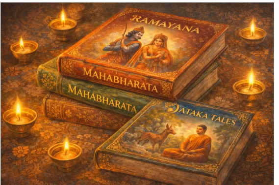 Timeless epics, illuminated—Ramayana, Mahabharata, and Jataka Tales glowing in the warmth of diya light.
