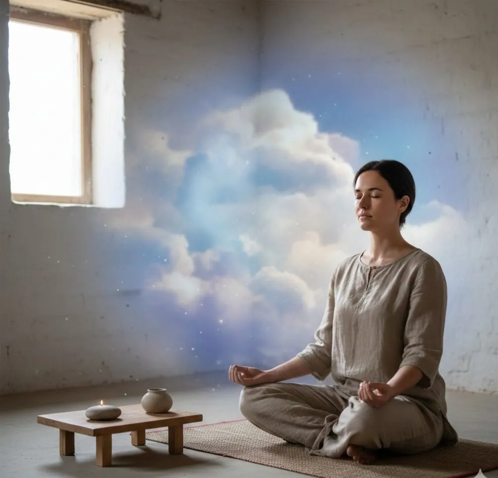 A woman meditating in a sparse room with a surreal cloud formation behind her.
