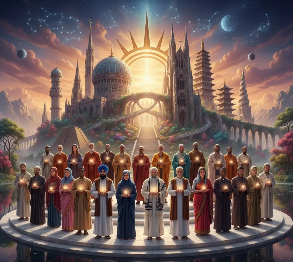 Universal leaders united in prayer symbolizing harmony, unity, and global spiritual peace