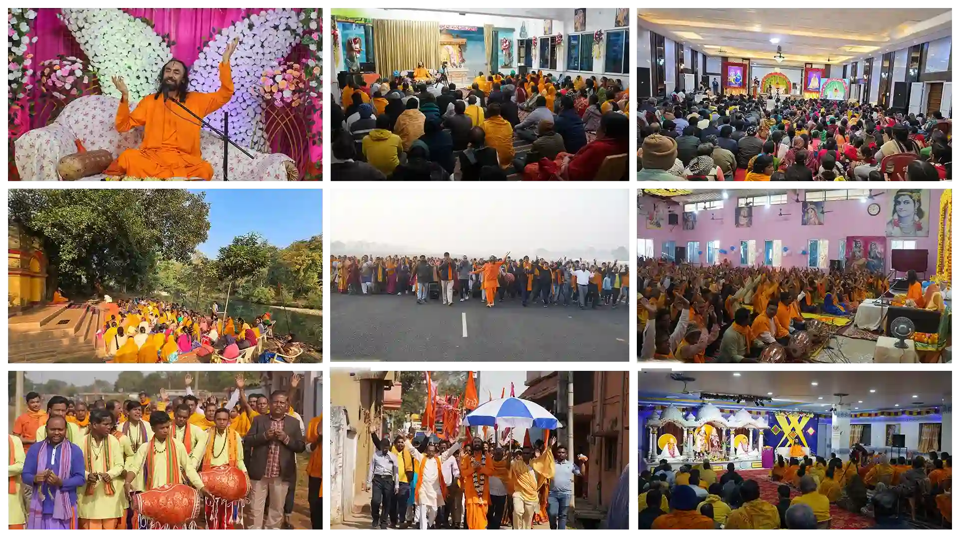 A collage of Swami Mukundananda leading different spiritual activities during retreats.