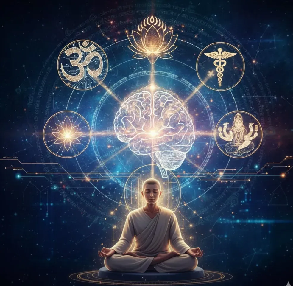 Meditating monk with illuminated brain symbolizing unity of science, spirituality, and wisdom