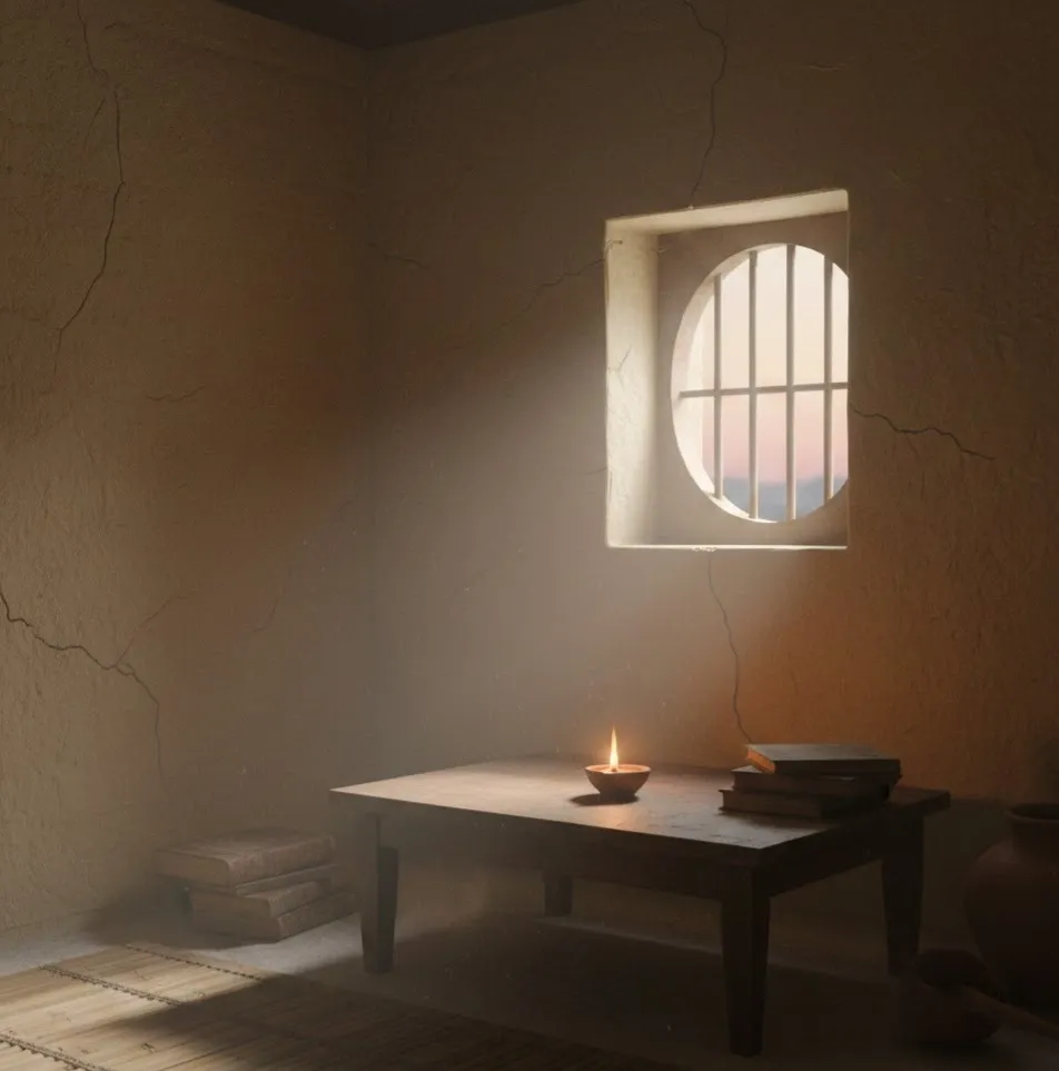 A woman meditates before a glowing portal showing a divine light figure.