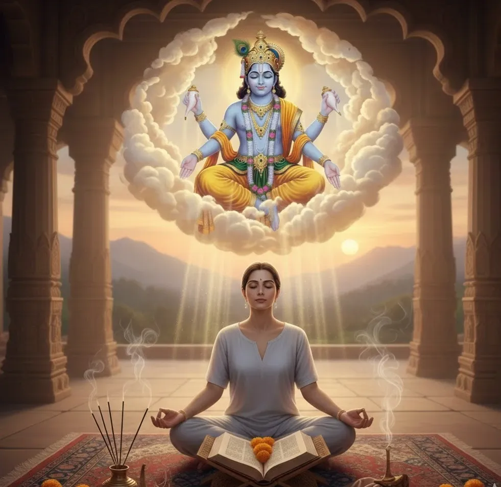Meditating devotee beneath divine form symbolizing spiritual guidance, devotion, and inner peace