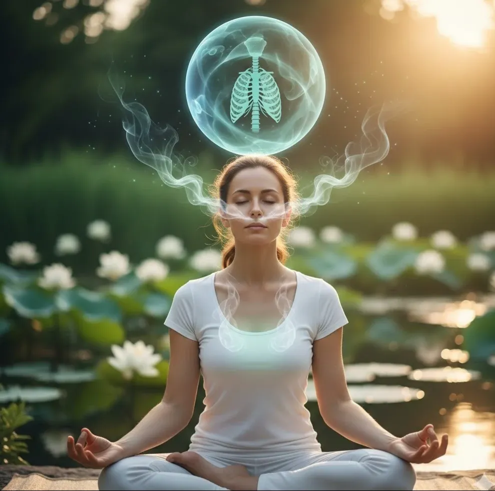 Woman meditating with ethereal smoke forming a ribcage and floating sphere.