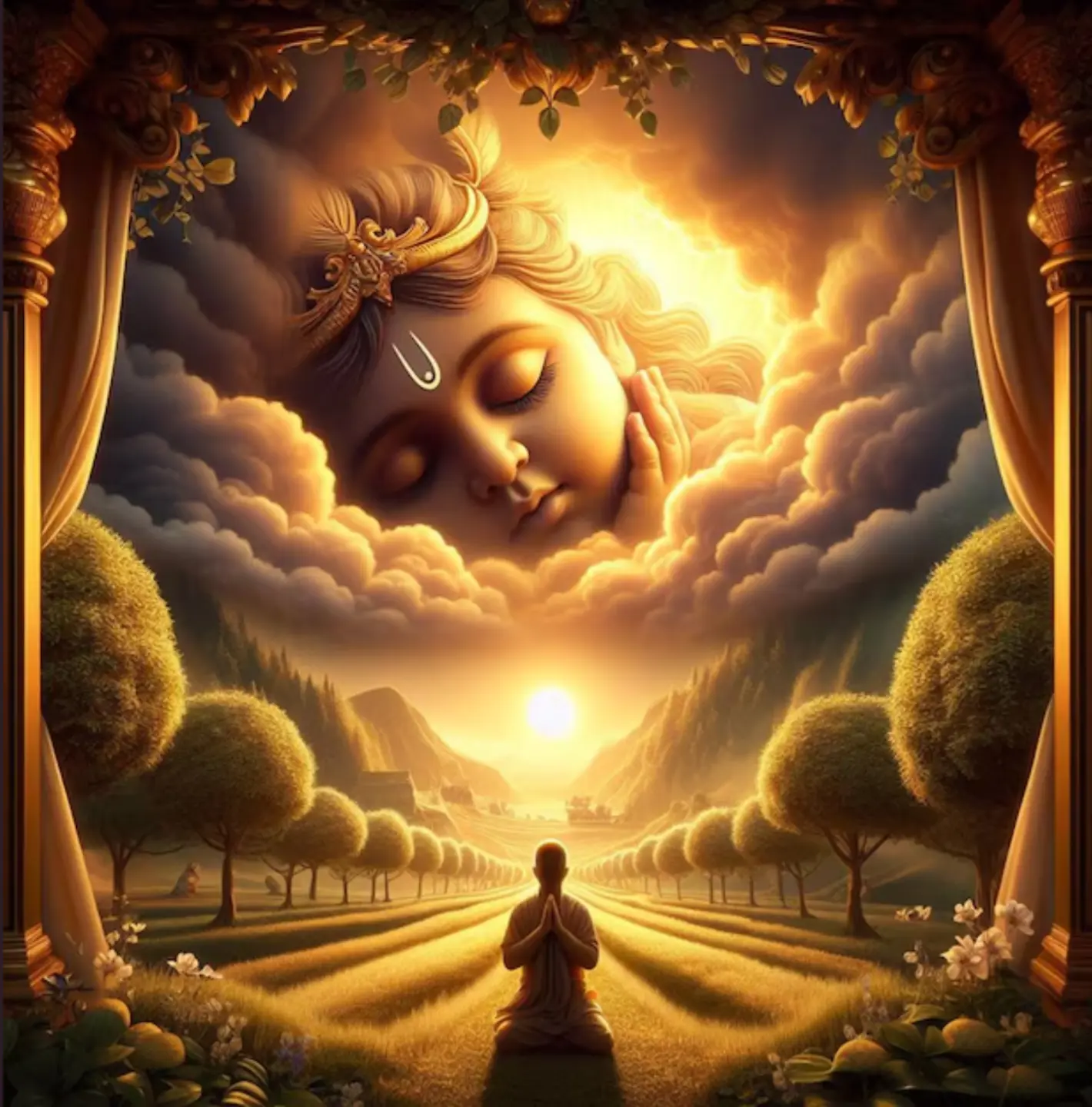 Devotee praying at sunrise beneath divine presence symbolizing surrender, faith, and spiritual awakening