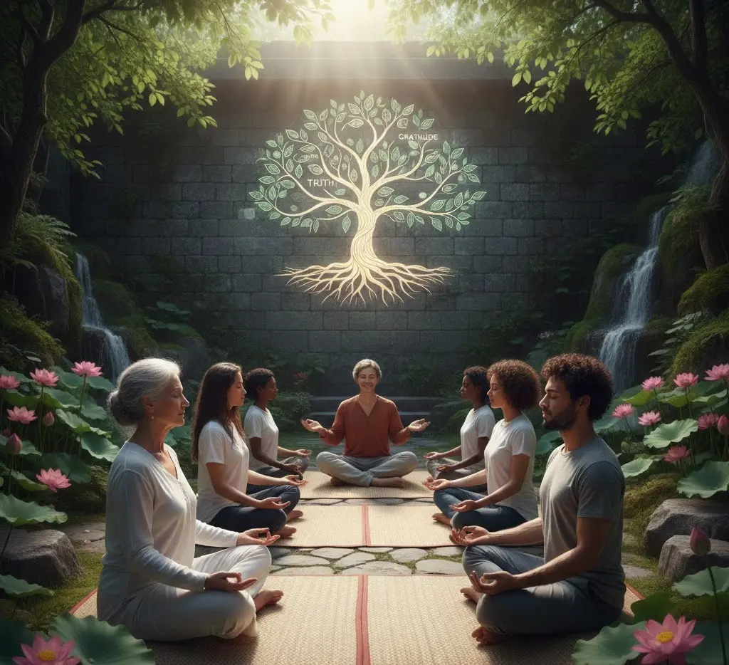 Diverse group meditating together symbolizing unity, gratitude, and inner peace
