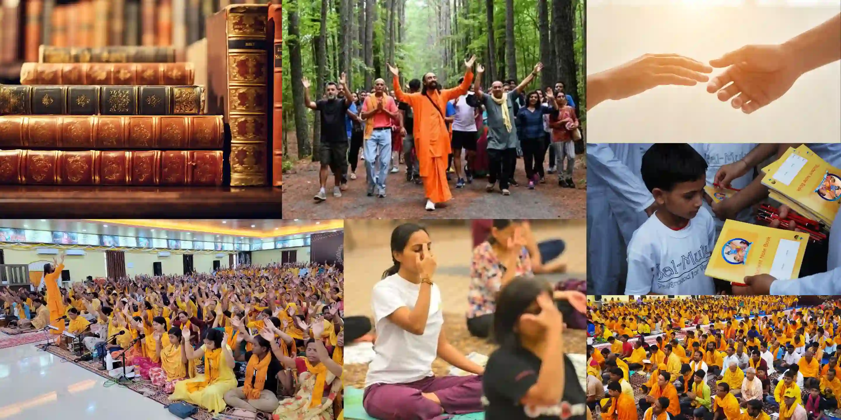 A collage of a JKYog spiritual retreat featuring Swami Mukundananda leading forest walks, meditation, chanting, and community service activities.
