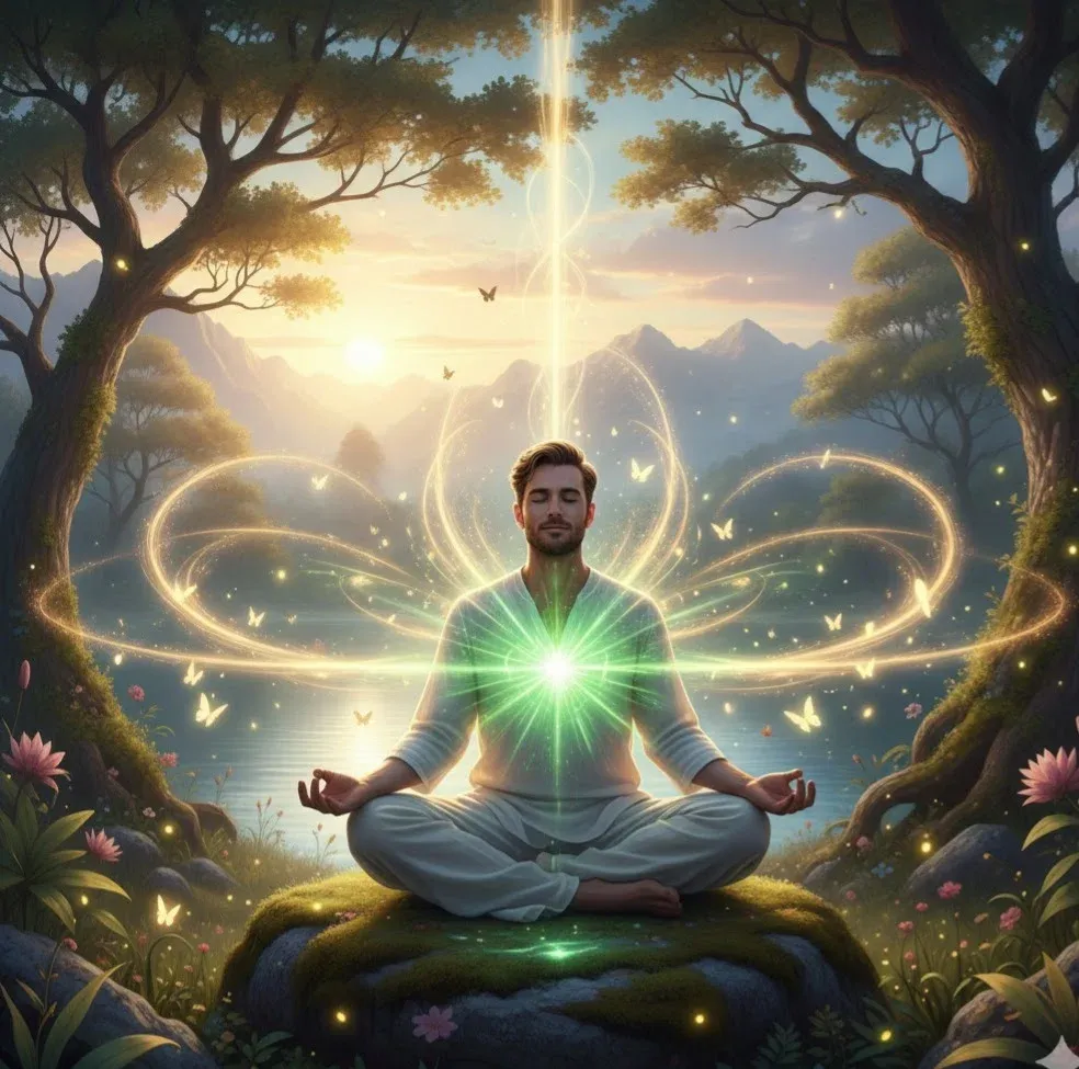 Man meditating in nature with glowing green heart energy and ethereal butterflies.