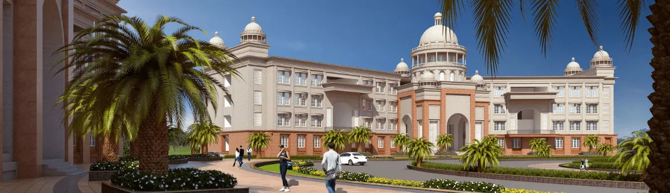 An architectural rendering of the grand, domed JKU University campus.