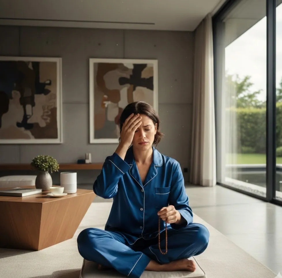 Woman in blue pajamas meditating with prayer beads in a bright living room.