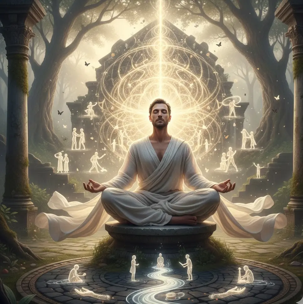 Meditating figure radiating spiritual light symbolizing inner awakening and universal harmony