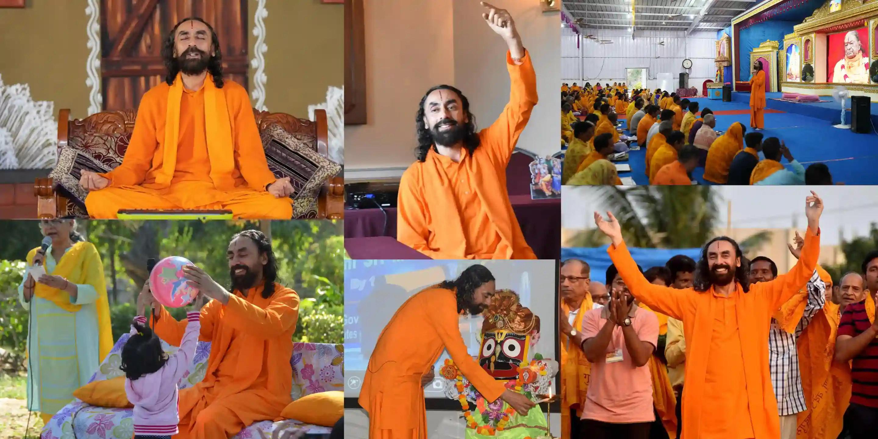 A collage showing Swami Mukundananda leading various spiritual retreat activities