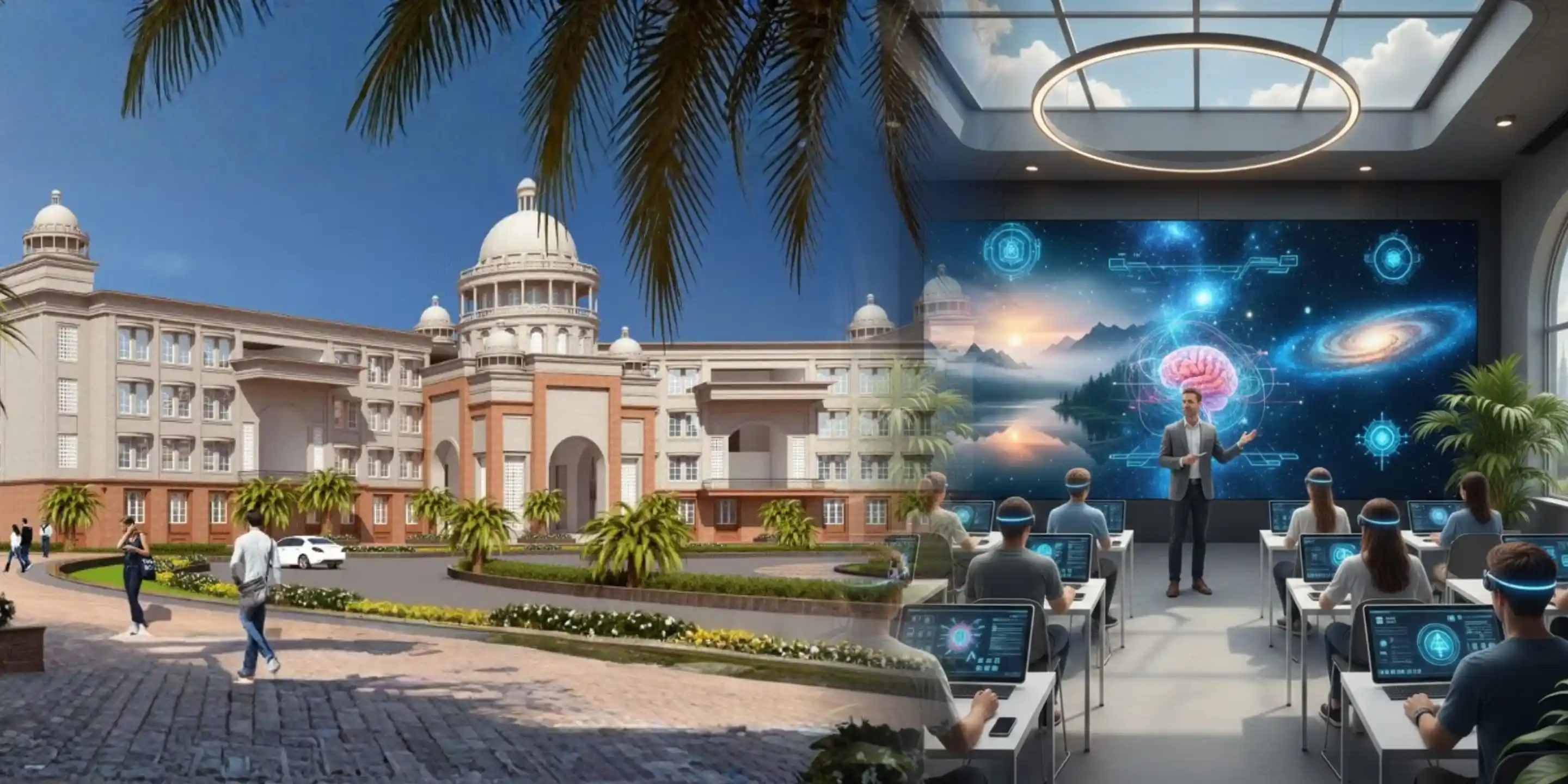 JKYog University campus blending classical architecture with futuristic classroom integrating science and spirituality