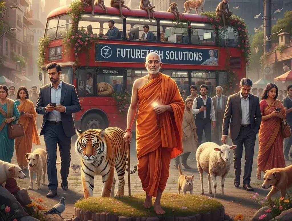  Monk leading hid life between animals and people past a futuristic double-decker bus.