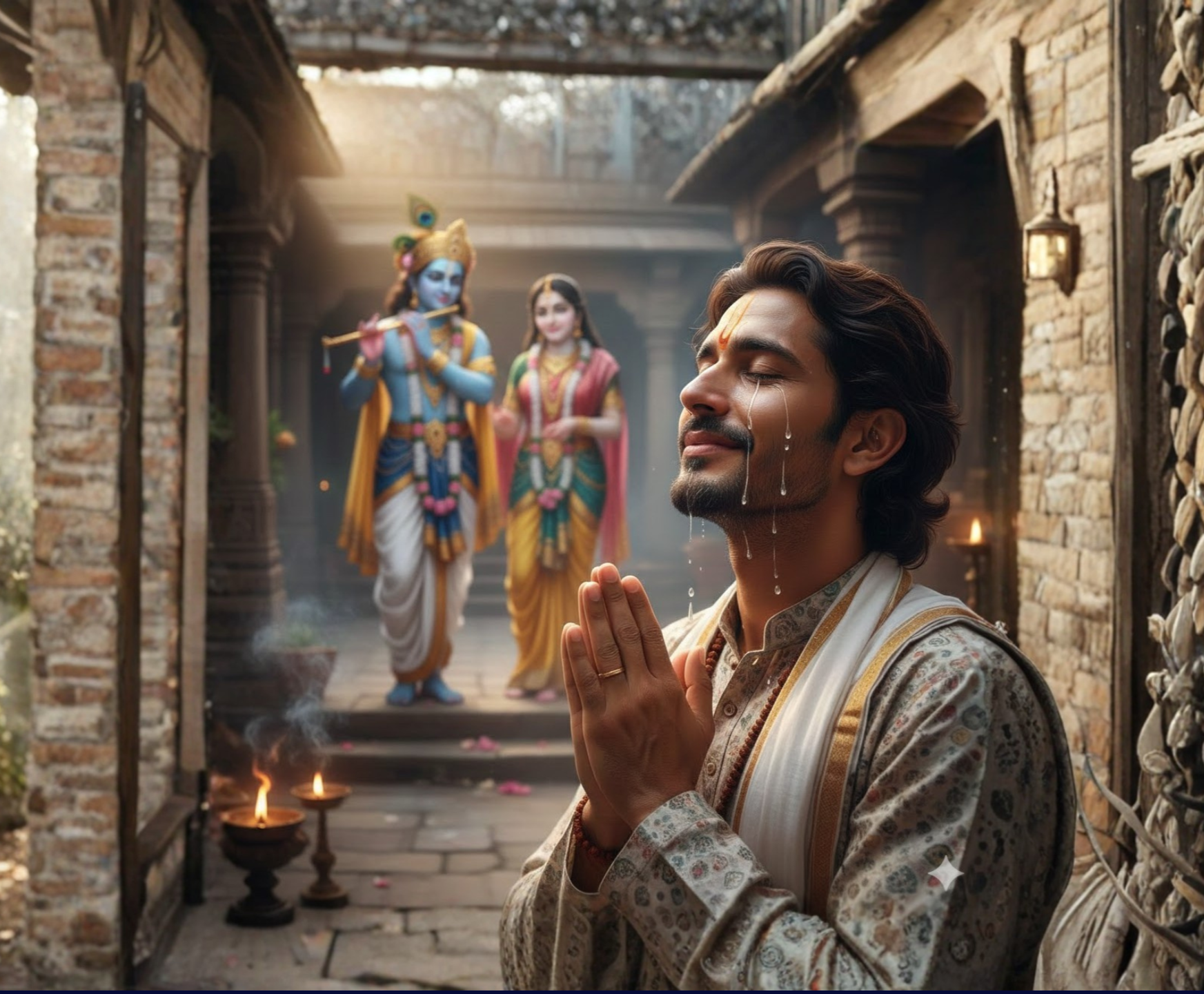 Man praying with tears as Krishna and Radha appear behind him.