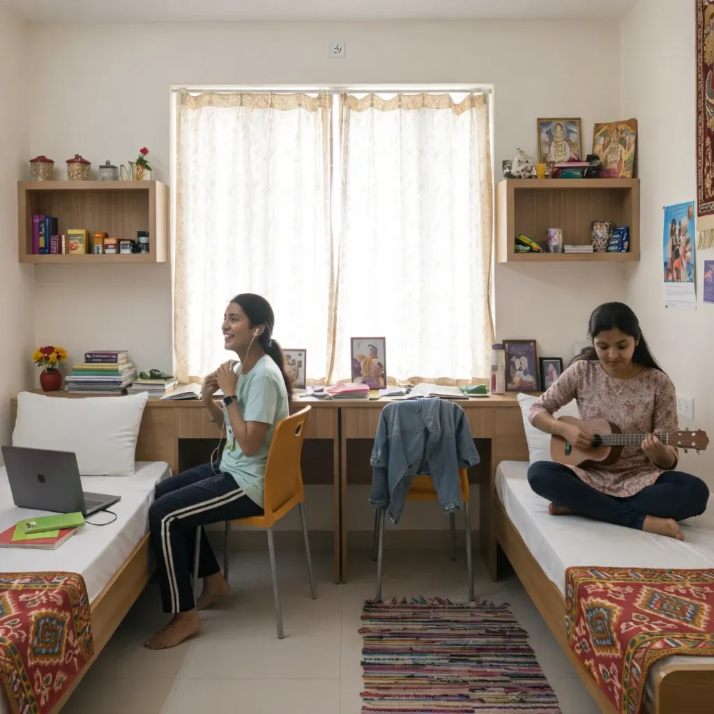 A vibrant campus residence where students balance learning, creativity, and comfort in a supportive living environment.