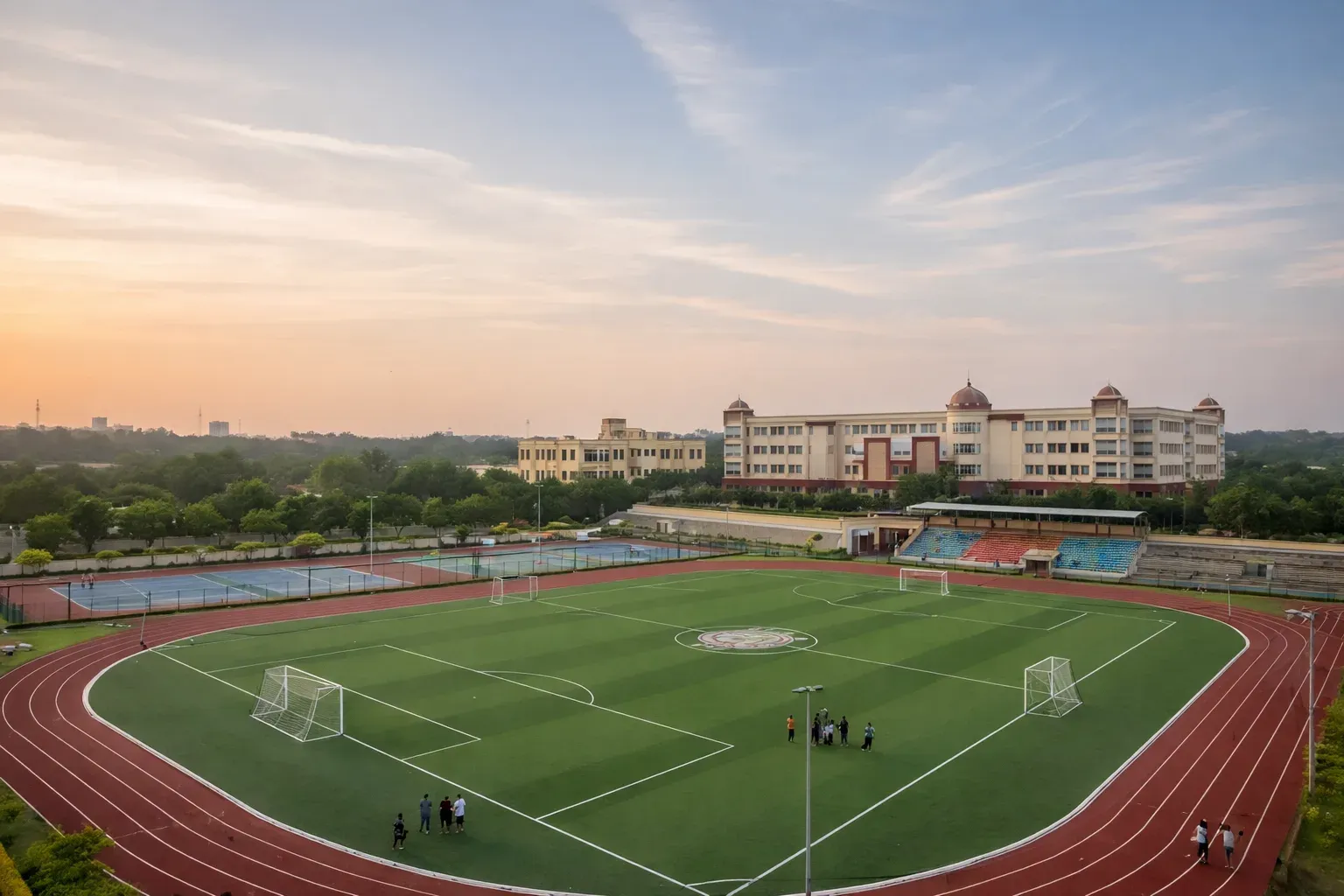 Aerial view of JKU’s state-of-the-art sports complex featuring a full-size football field, athletic track, and modern campus buildings at sunset.