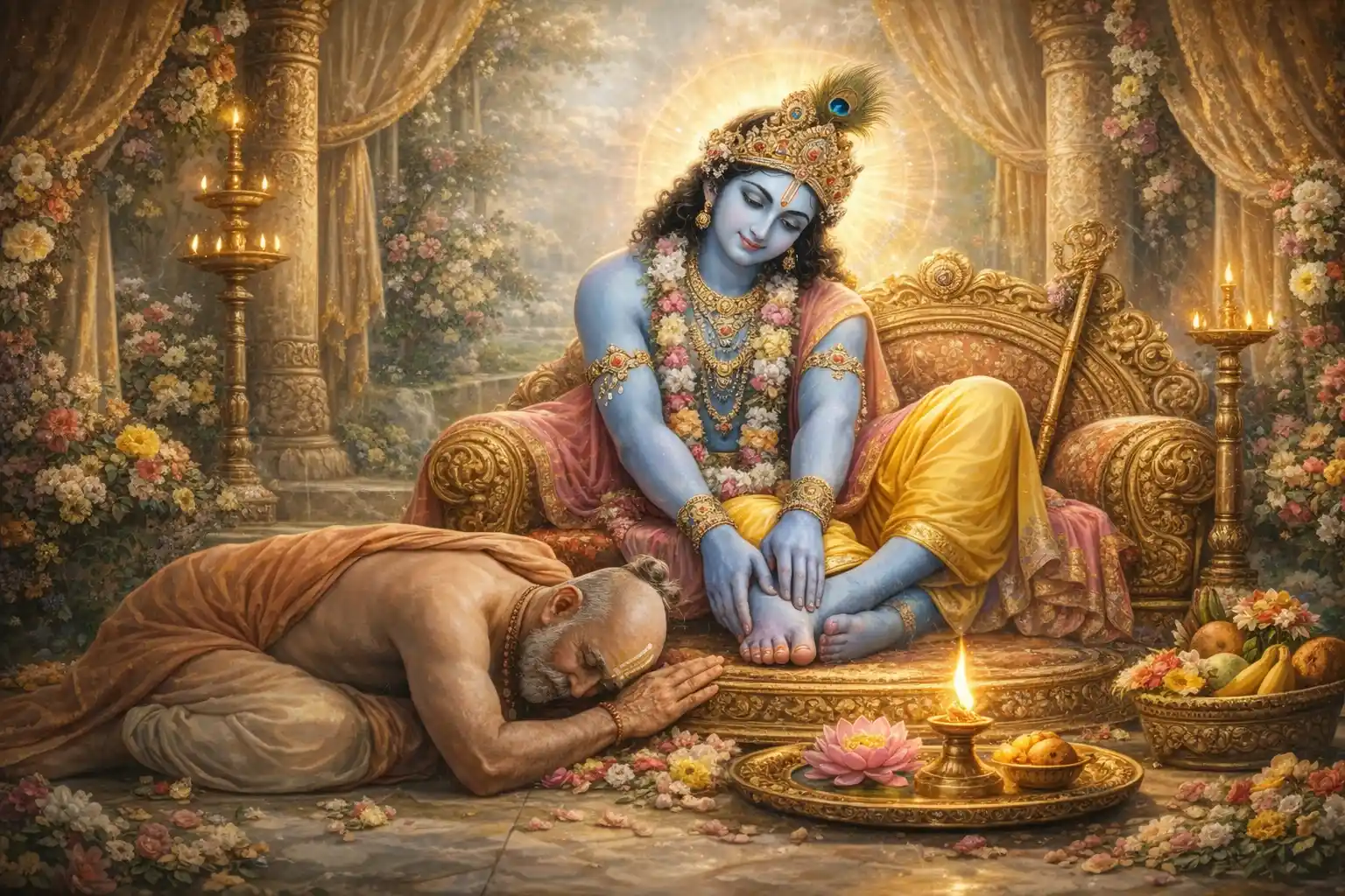 A sacred moment where divine grace bows to the humility of selfless devotion.