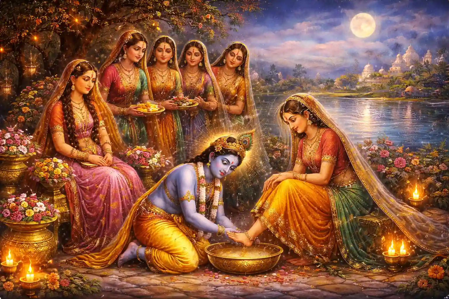 Under the moonlit sky, divine love flows gently. Krishna in humble devotion, Radha in serene grace, surrounded by timeless bhakti.