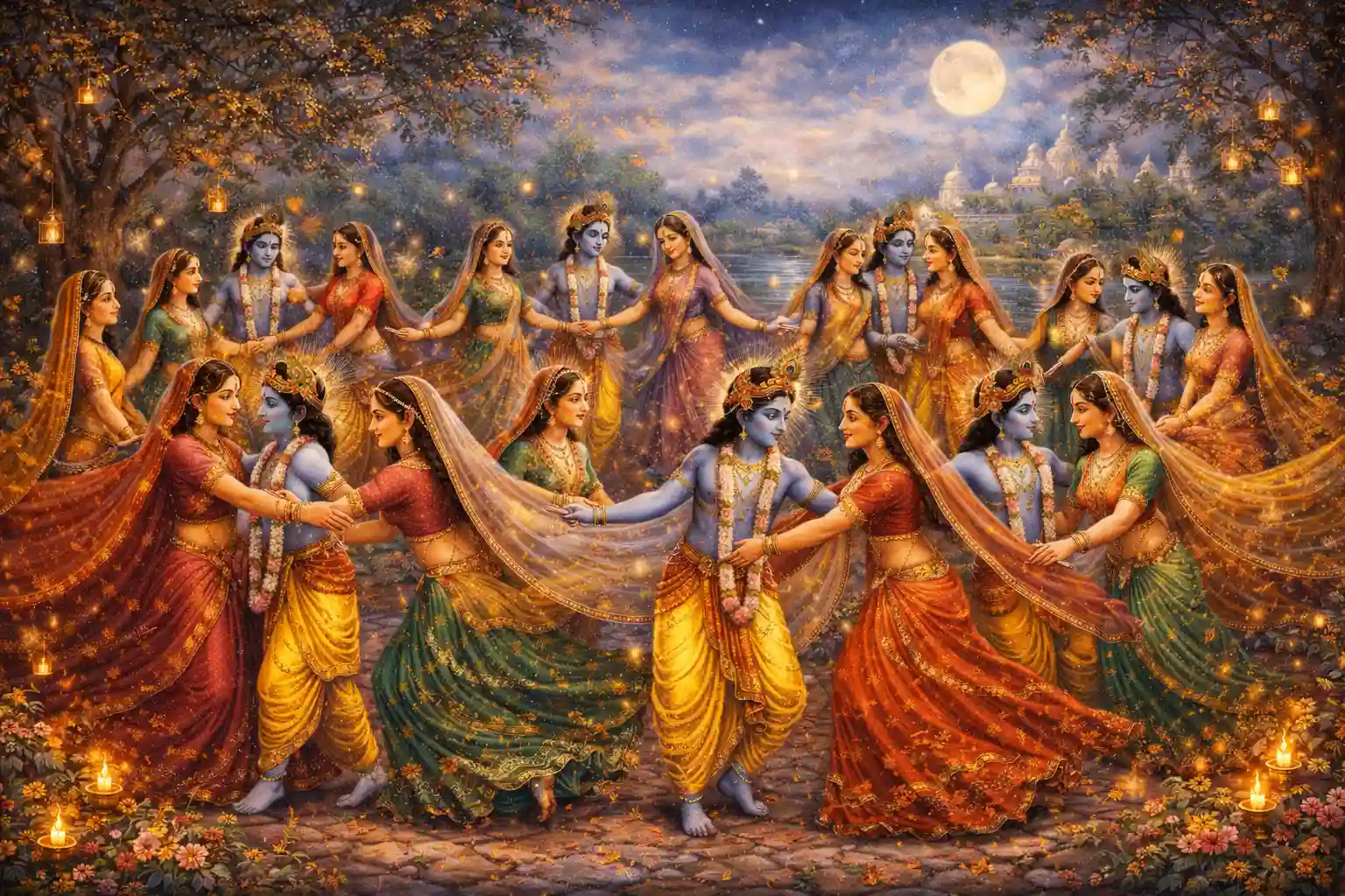 Krishna multiplies in a circle of divine love, dancing with each Gopi as the universal soul embraces every individual heart under the moonlit sky.