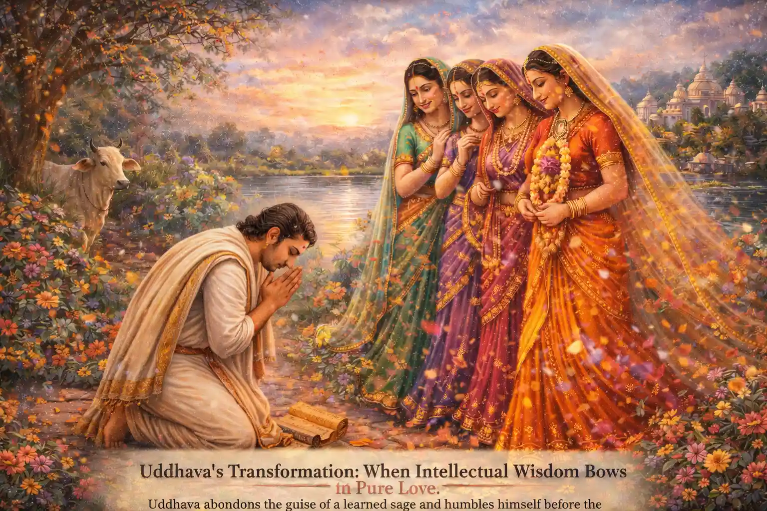 Uddhava kneels in humble silence before the Gopis, discovering that the deepest wisdom is not found in words or learning, but in the quiet surrender of a loving heart.