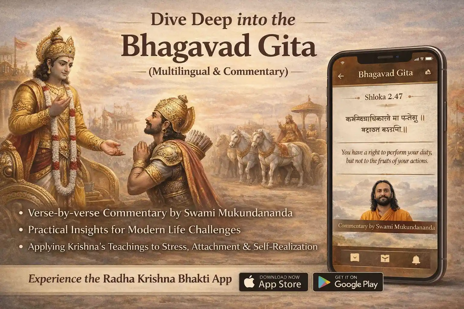 Explore the Bhagavad Gita with verse-by-verse commentary and practical insights for everyday life.