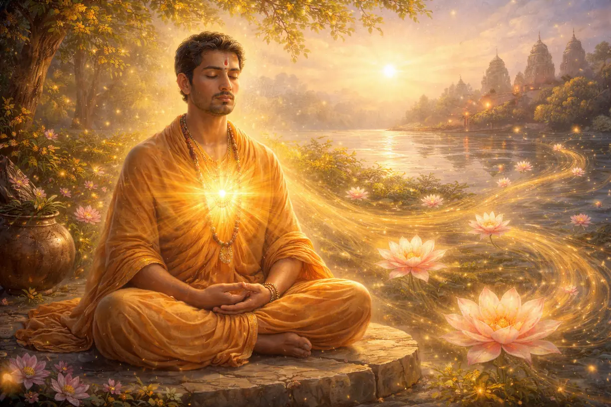 Meditating devotee radiating Divine Love and spiritual peace