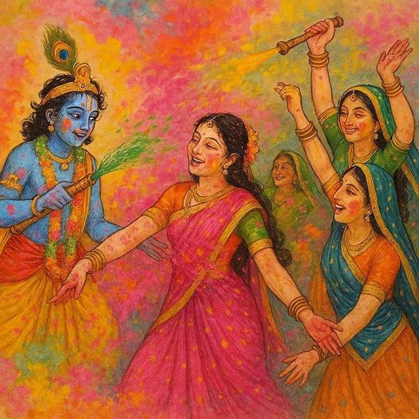 Delighted, as Holi arrived, Shree Krishna joyfully drenched Radha and the gopis in vibrant colors, using pichkaris and playful splashes.  can you create a good quality beautiful image based on this scene?