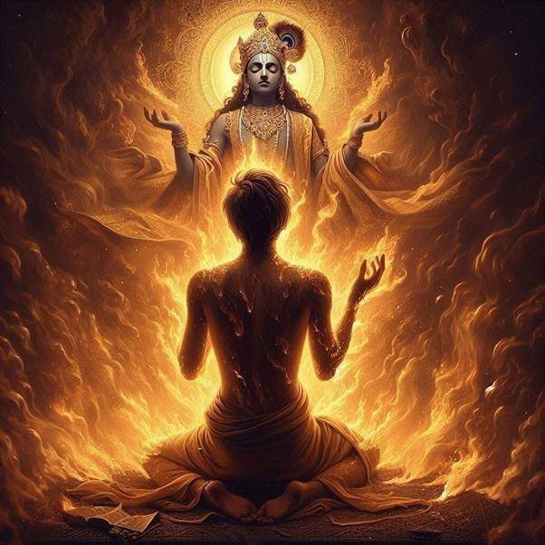 A devotional scene of a devotee engulfed in sacred flames, hands folded in deep yearning. His body begins to turn to ash in the fire of viraha bhakti. Above him, Shree Krishna’s radiant form appears, partially veiled in golden light, exuding divine grace. The mood is one of surrender, longing, and spiritual transformation.