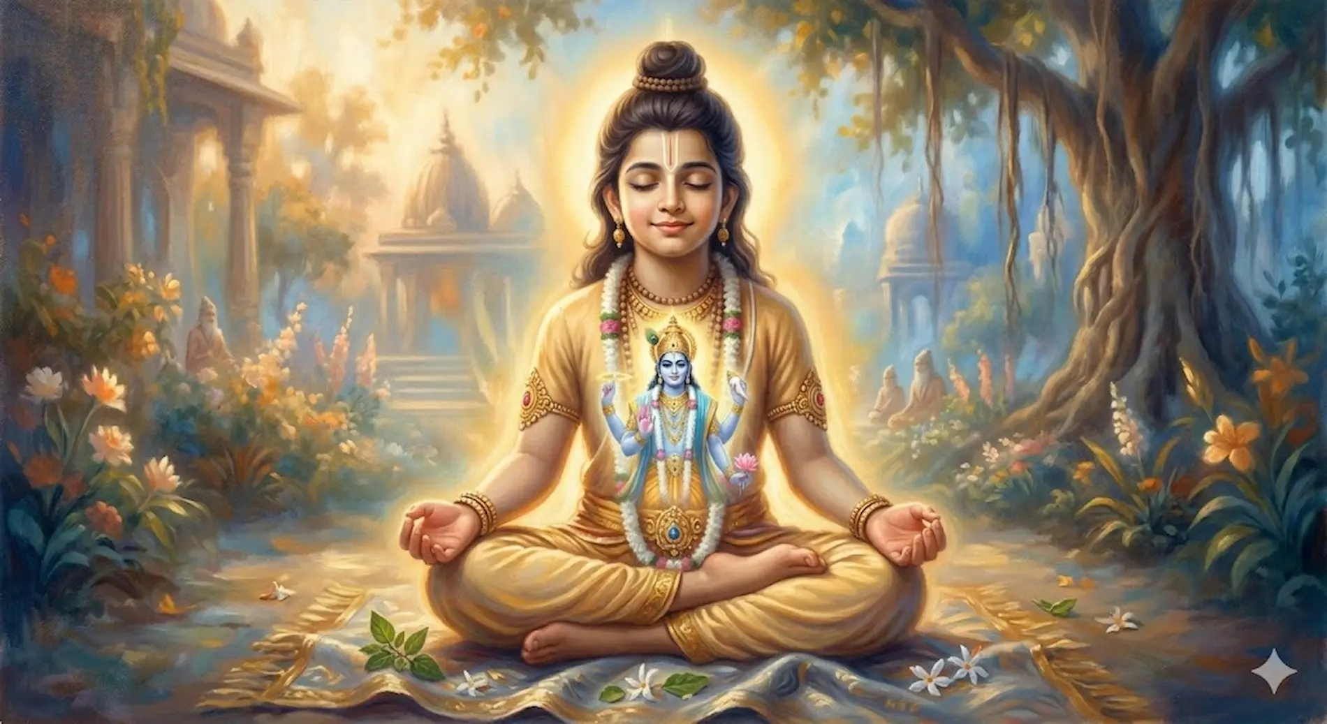 Prahlad meditating on Lord Narayana demonstrating surrender and unwavering bhakti.