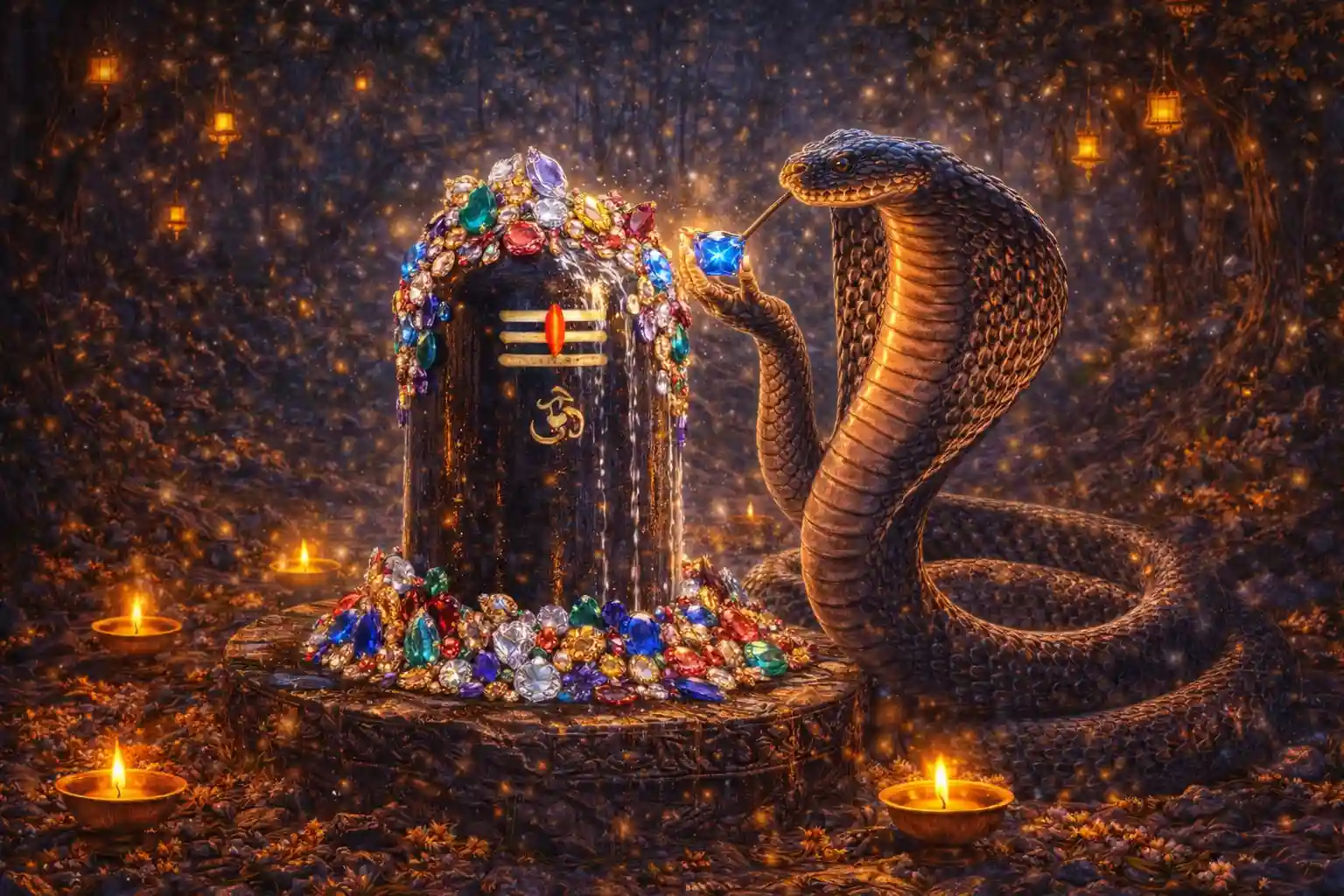 With precious jewels, the serpent offers its finest tribute to Lord Shiva.