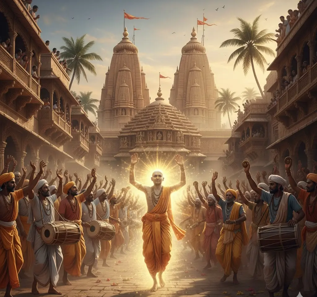 Devotional procession with saint dancing before temple and drummers.