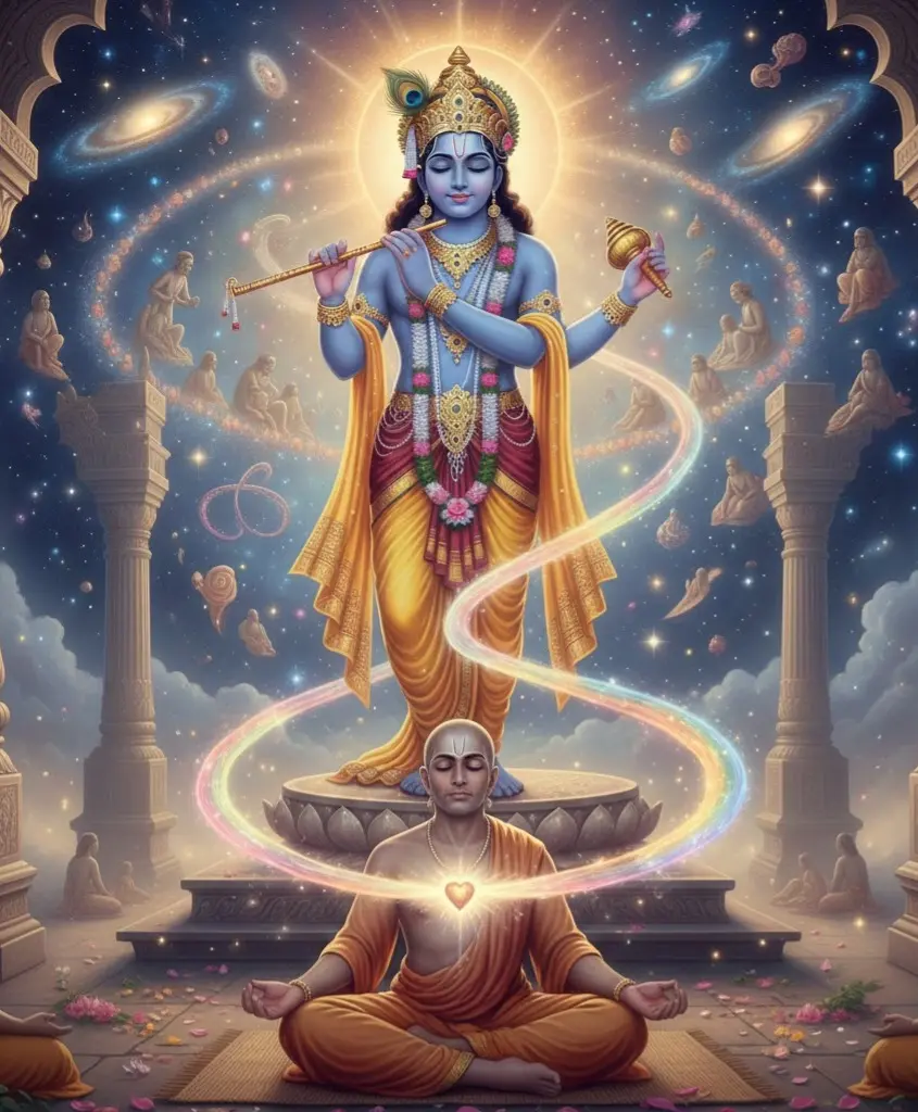 A monk meditating before a giant, radiant Lord Krishna standing amidst a starry cosmic background.