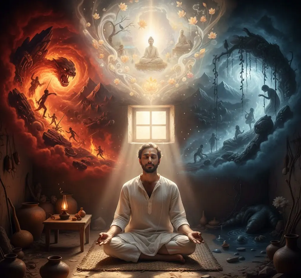 Man meditating with visions of hell, heaven, and enlightenment above him.