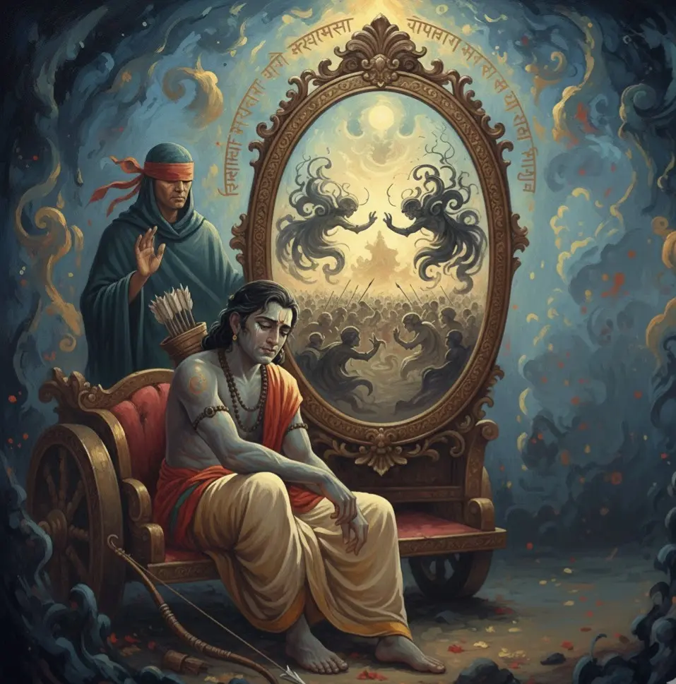 A sorrowful warrior sits by a mirror showing a ghostly battlefield vision.