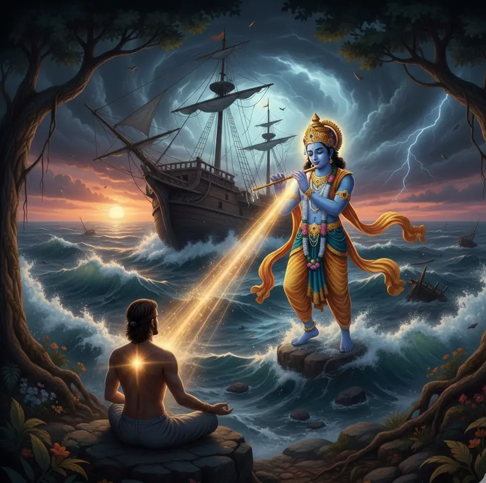 Lord Krishna plays flute for meditating man amidst a stormy sea and large ship.