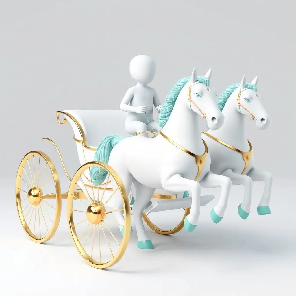 3D render of a white figure driving a gold-trimmed chariot with two teal-maned horses.