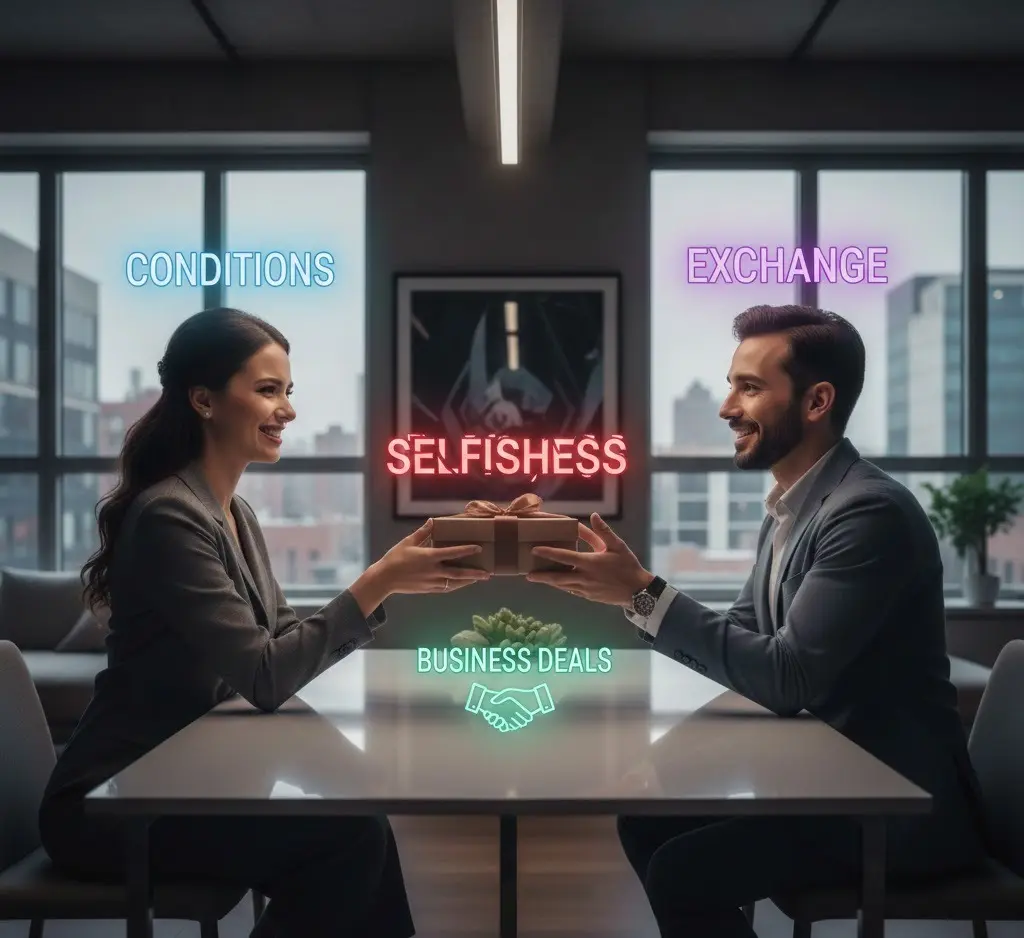 Two professionals exchange gift across table, labeled conditions, exchange, selfishness, business deals.