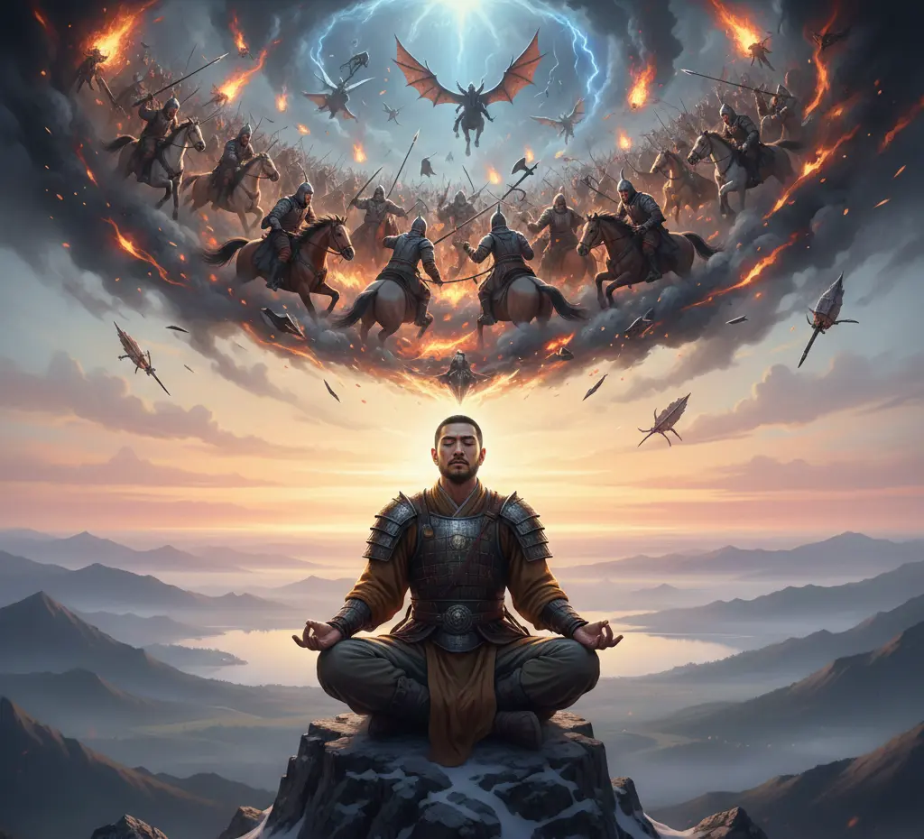 Warrior meditating calmly as fiery battle rages in stormy sky above.