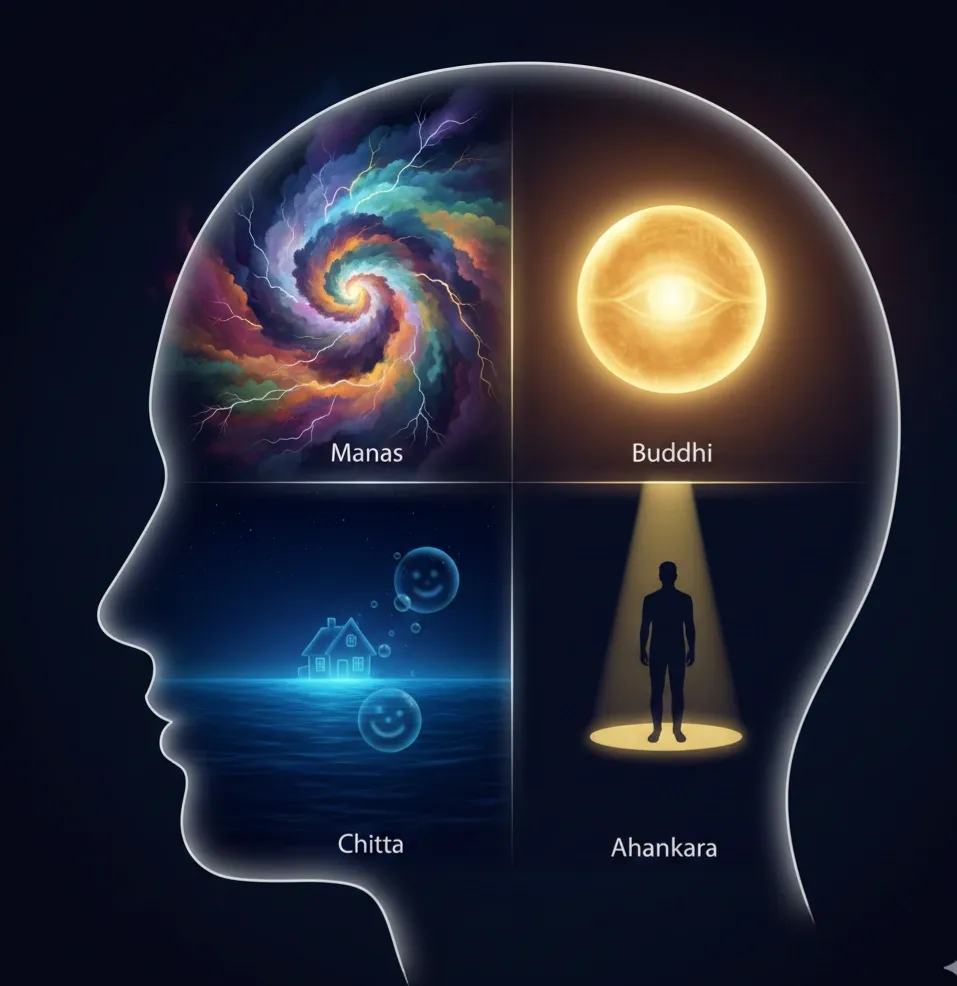 Here is the alt text for the image.  ---  **Alt Text:** Diagram illustrating the four aspects of the mind: Manas, Buddhi, Chitta, and Ahankara from Vedic philosophy.