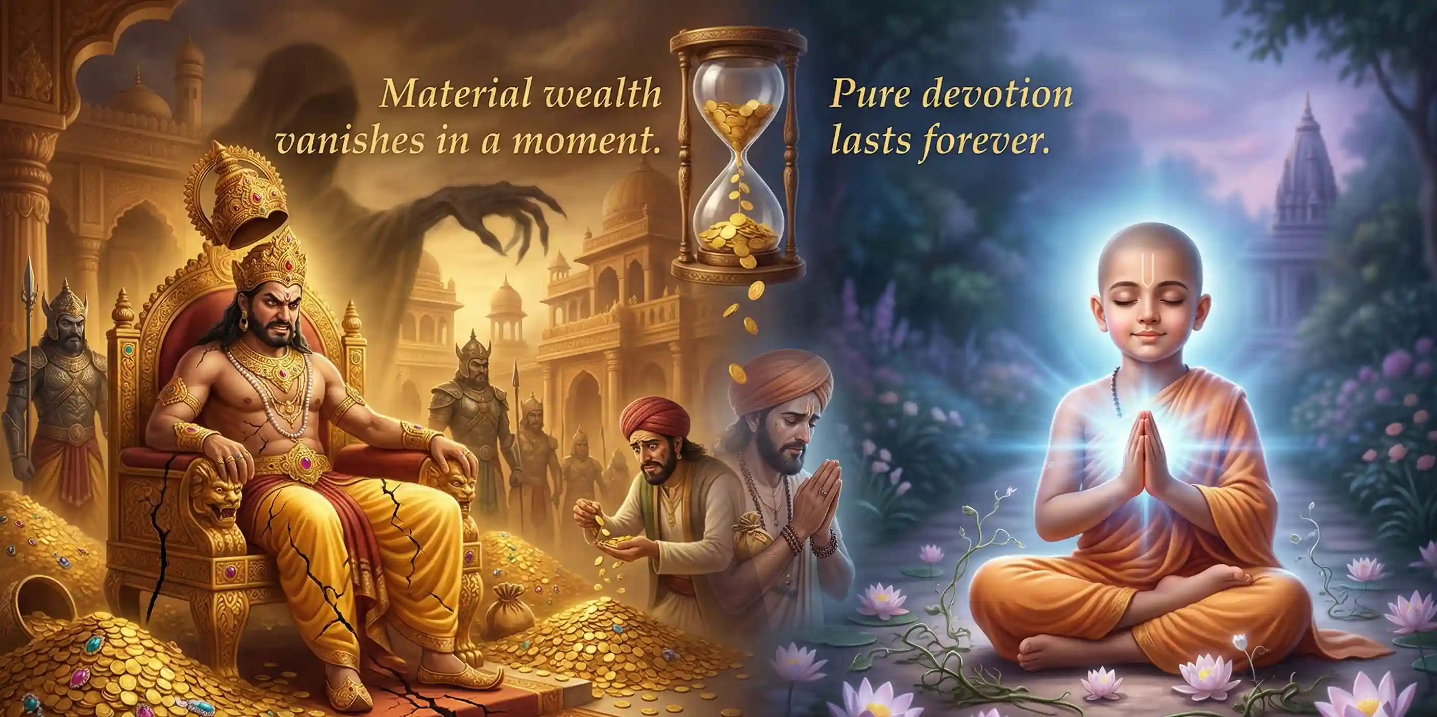 Split scene-a young monk meditating and greedy king with material wealth decreasing with time.