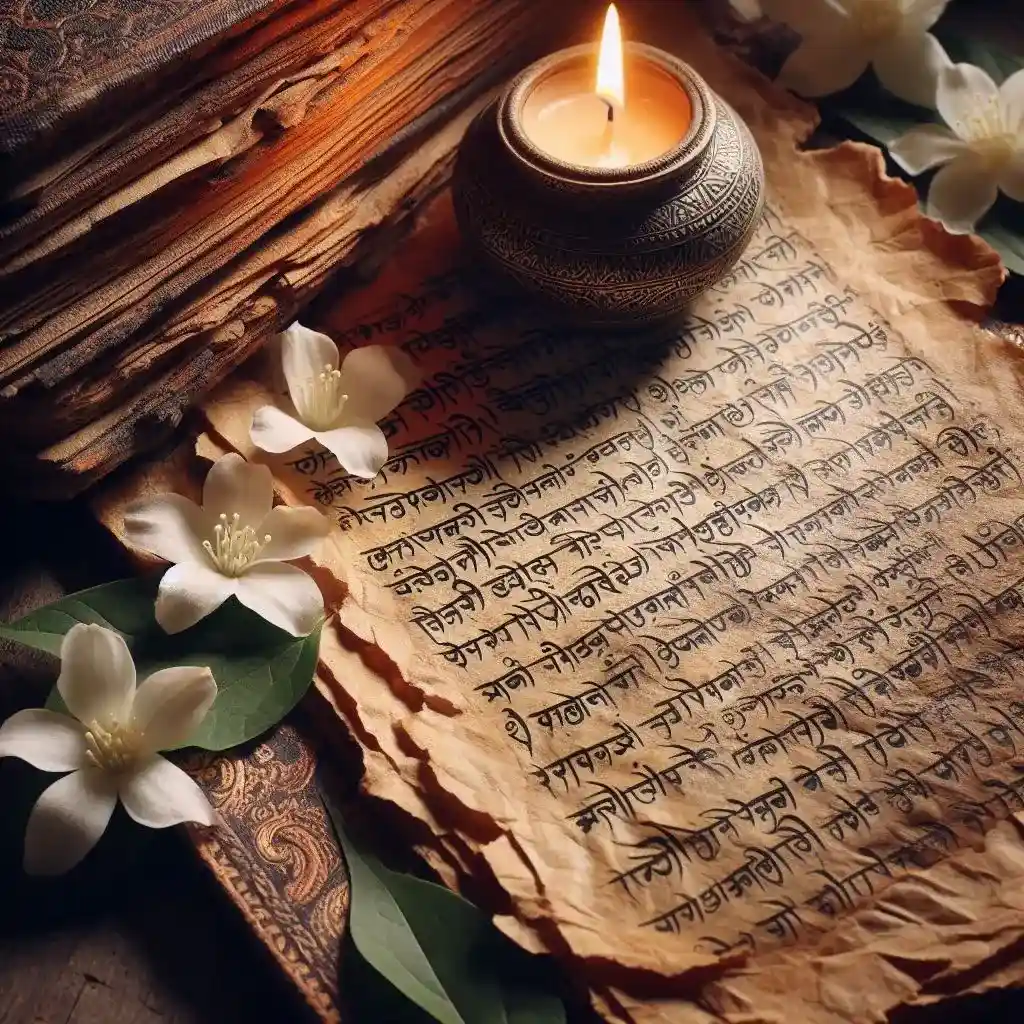 Ancient script on parchment lit by a candle, decorated with white jasmine flowers.