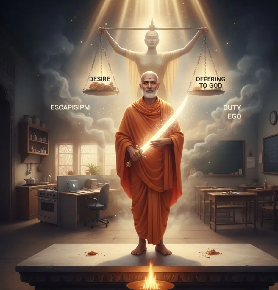 A monk holds a glowing sword while a divine figure balances scales of "Desire" and "Offering."
