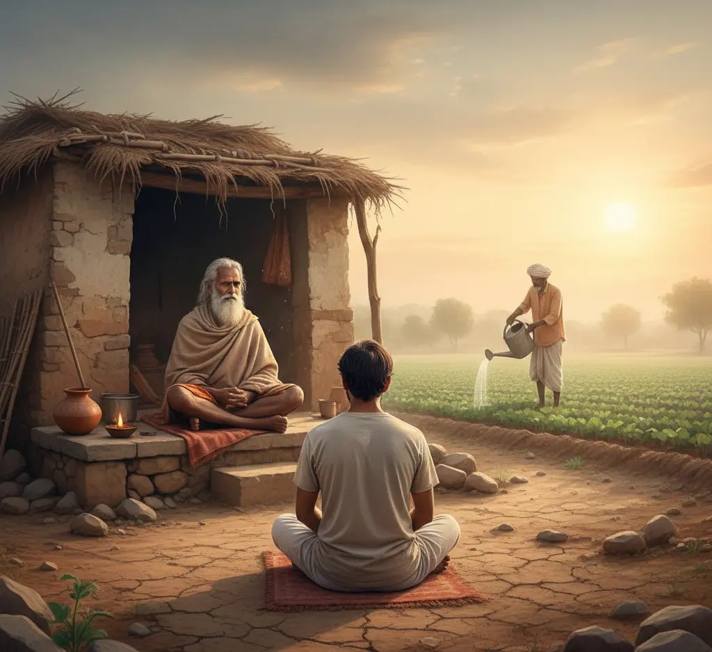 A teacher and disciple learning near a farmland