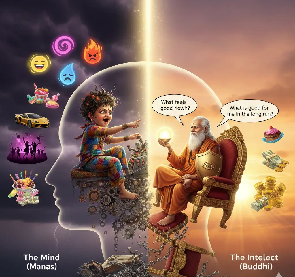 Split head illustration: impulsive child mind versus wise elder intellect debating choices.