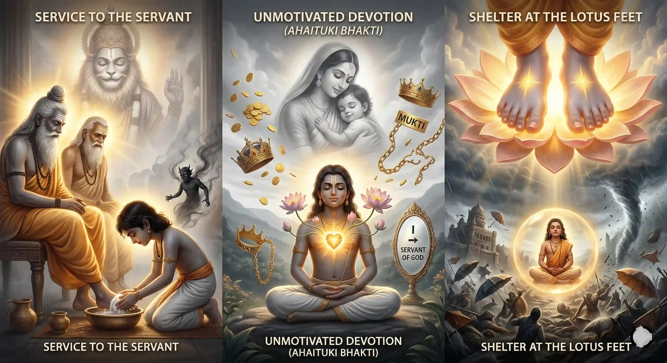 Split scenes-devotee washing feet of master; a devotee in meditating on Divine Mother and a devotee meditating on feet of Supreme Lord. 