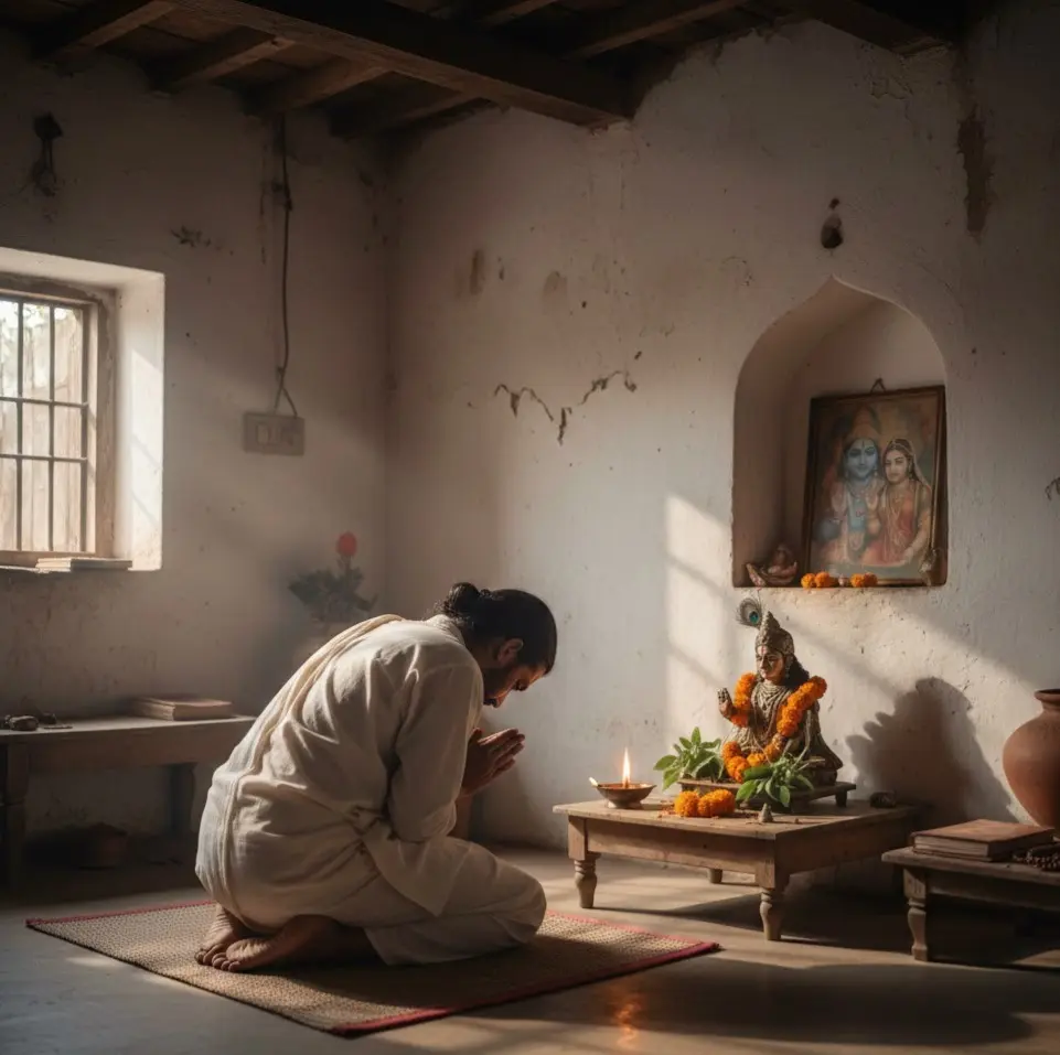 A devotee in white robes prays before a small altar in a sunlit room.