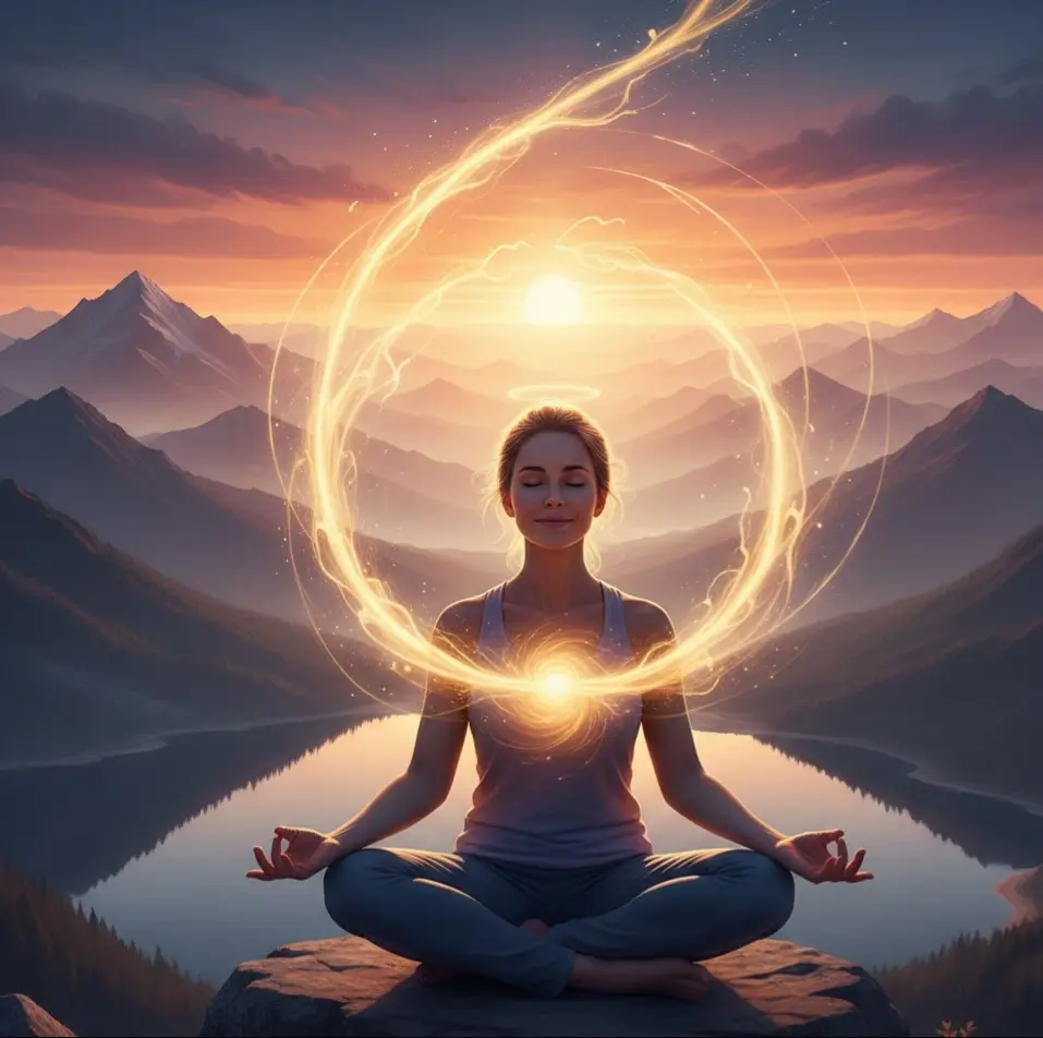 Woman meditating with glowing energy circle.
